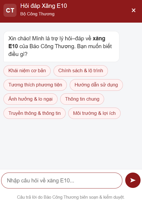 Thắc mắc XĂNG E10, hỏi ngay chatbot này!