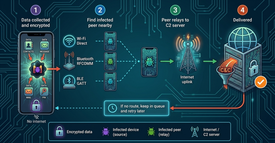 Ngắt internet vẫn bị đánh cắp dữ liệu, Manic biến thiết bị nhiễm mã độc lân cận thành 'trạm chuyển phát' di động
