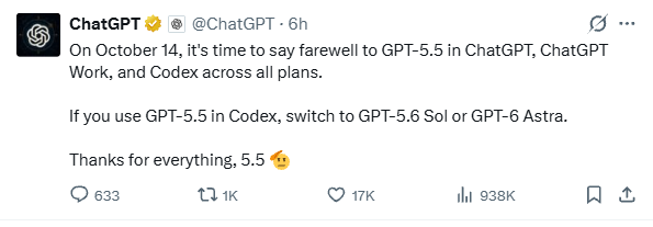 ChatGPT-5.5 ngừng hoạt động từ 14/10: bao gồm ChatGPT và Codex, khuyến nghị chính thức là nên chuyển sang mô hình mới
