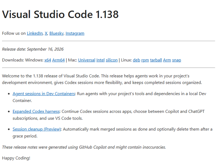 VS Code 1.138 tăng khả năng phối hợp giữa các AI agent và mở rộng Codex
