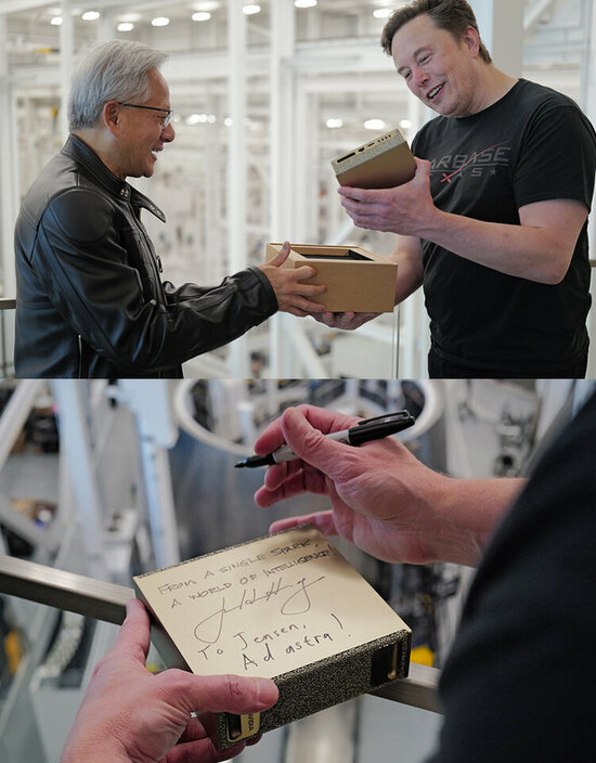 CEO NVIDIA, Jensen Huang đích thân trao tặng siêu máy tính AI nhỏ nhất thế giới cho Elon Musk.